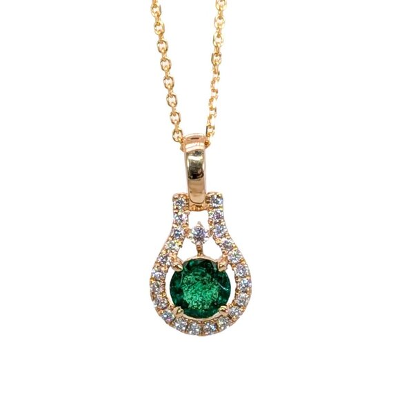 Zambian Emerald Pendant in Solid 14K Gold with Natural Diamonds - Picture 1 of 6